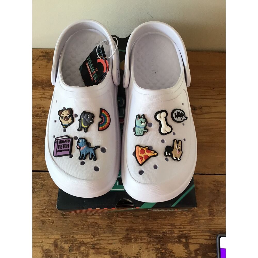 Skechers Foamies White Clog Pup Dog Pug Bulldog Rainbow Bone Women Size 8